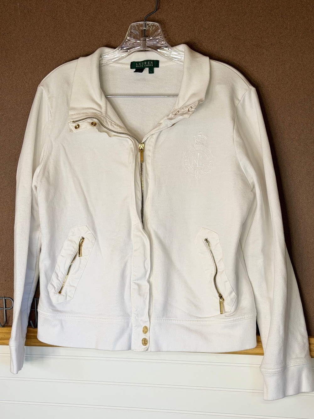 Lauren Ralph Lauren Women's Full Zip Cotton Knit Sweatshirt White L Collared